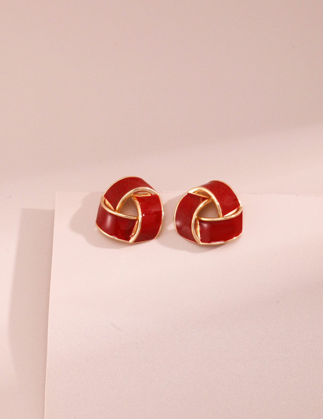 Interlaced Red Enamel Triangle Studs