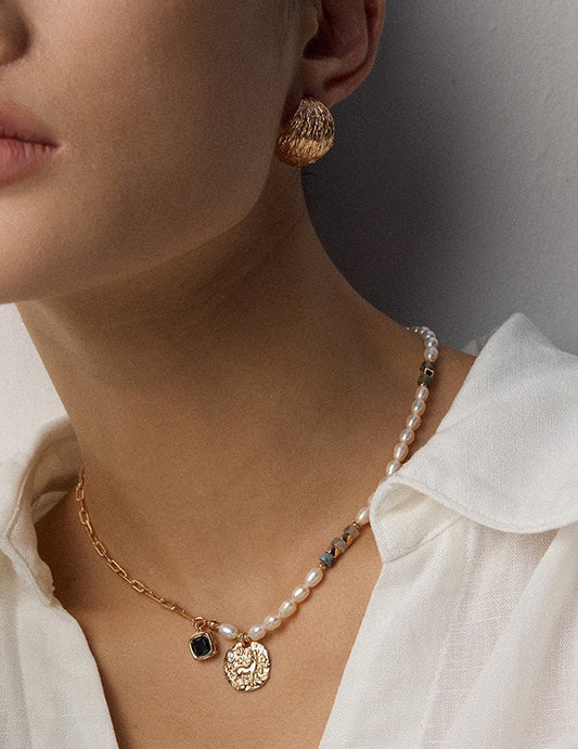 Moss Agate & Pearl Geometric Necklace