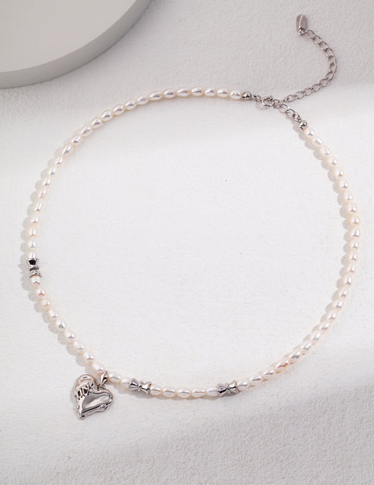 Stitched Heart Pearl & Silver Necklace