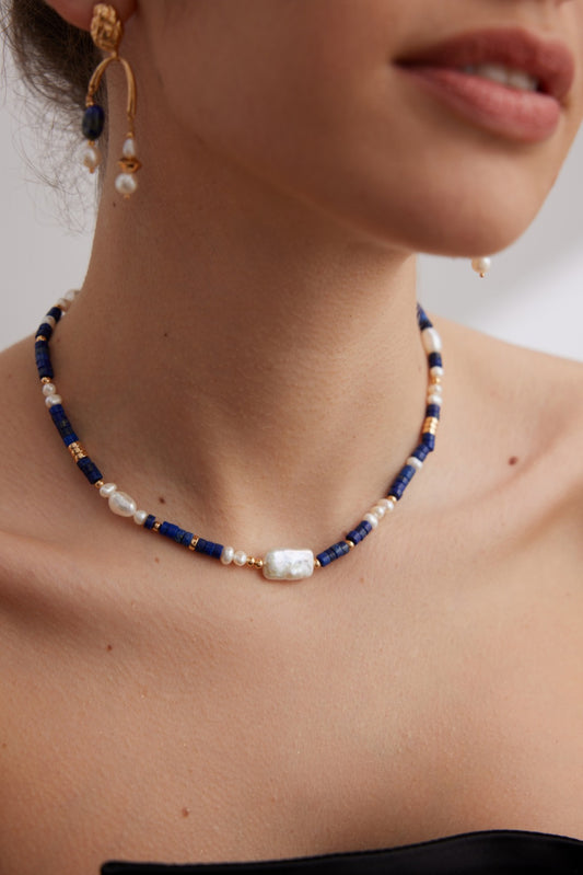 Lapis Lazuli & Pearl Station Necklace