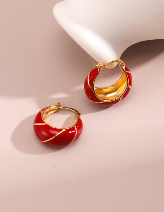 Red Enamel Vintage Gold Hoops