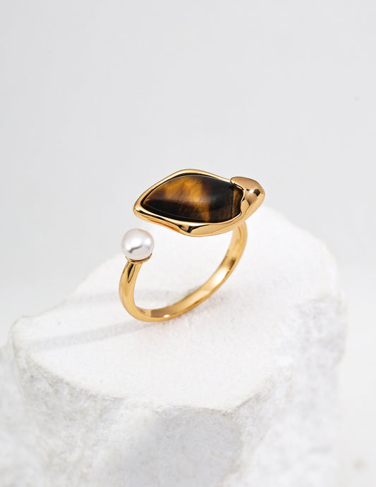 Tiger Eye and Pearl Ring