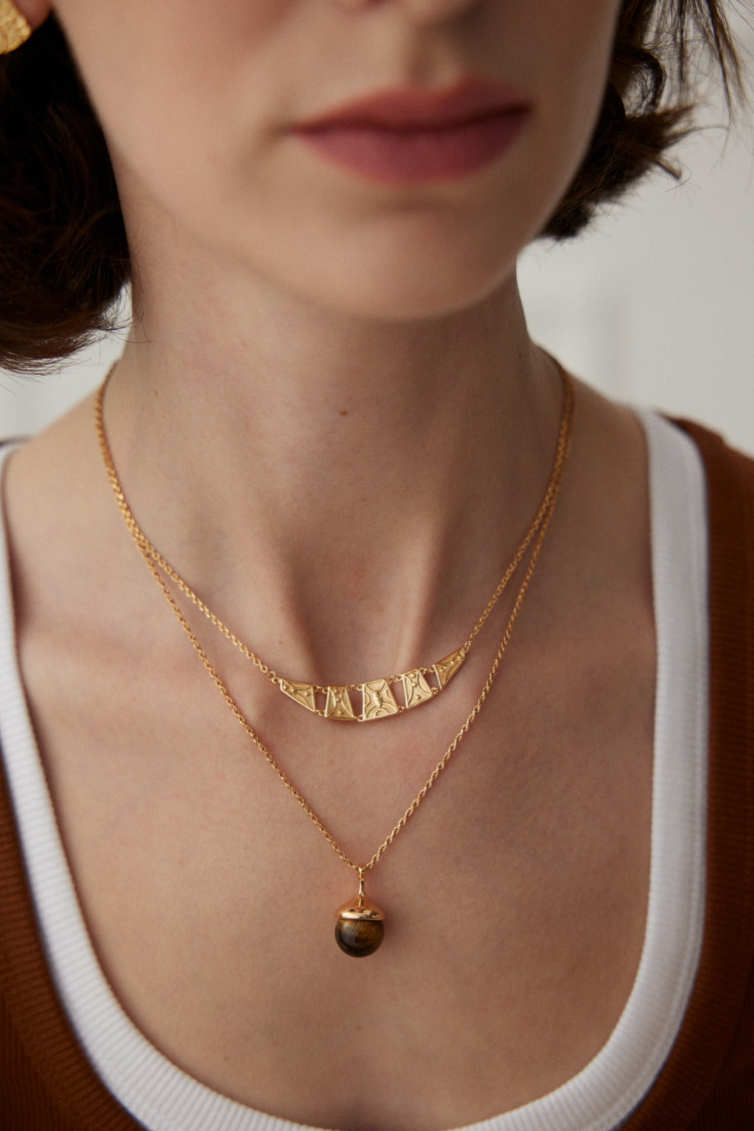 Pinecone Charm Tiger Eye & Shell Bead Necklace