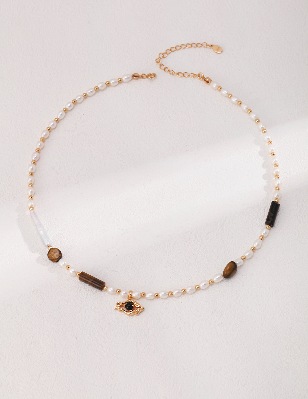 Mixed Gemstone Bar Necklace (Tiger Eye & Pearl)