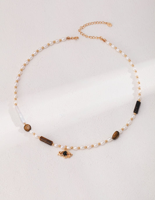 Mixed Gemstone Bar Necklace (Tiger Eye & Pearl)