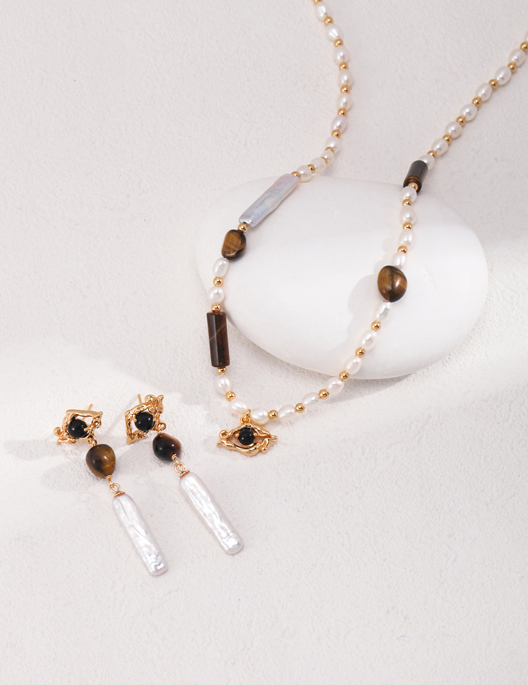 Mixed Gemstone Bar Necklace (Tiger Eye & Pearl)