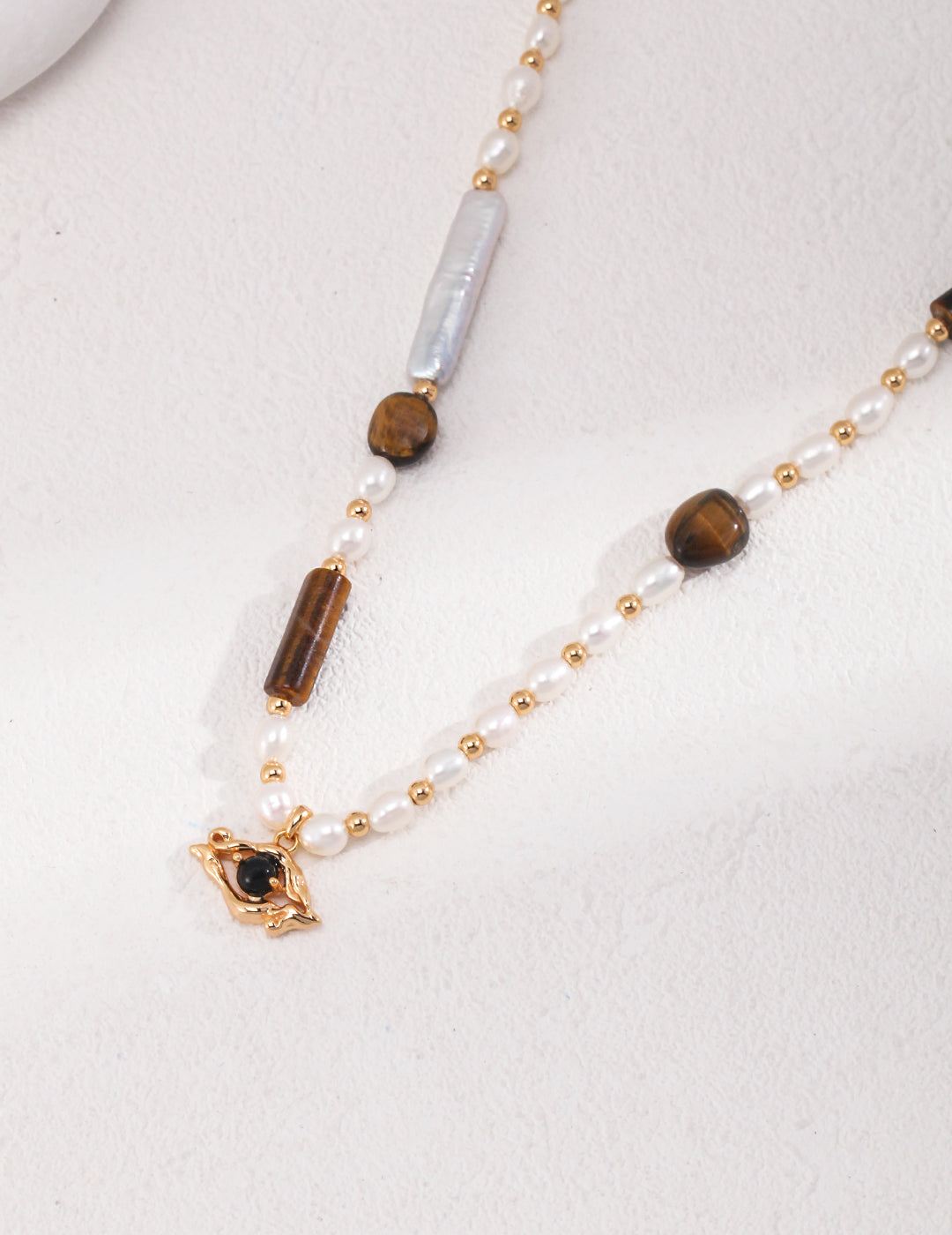 Mixed Gemstone Bar Necklace (Tiger Eye & Pearl)