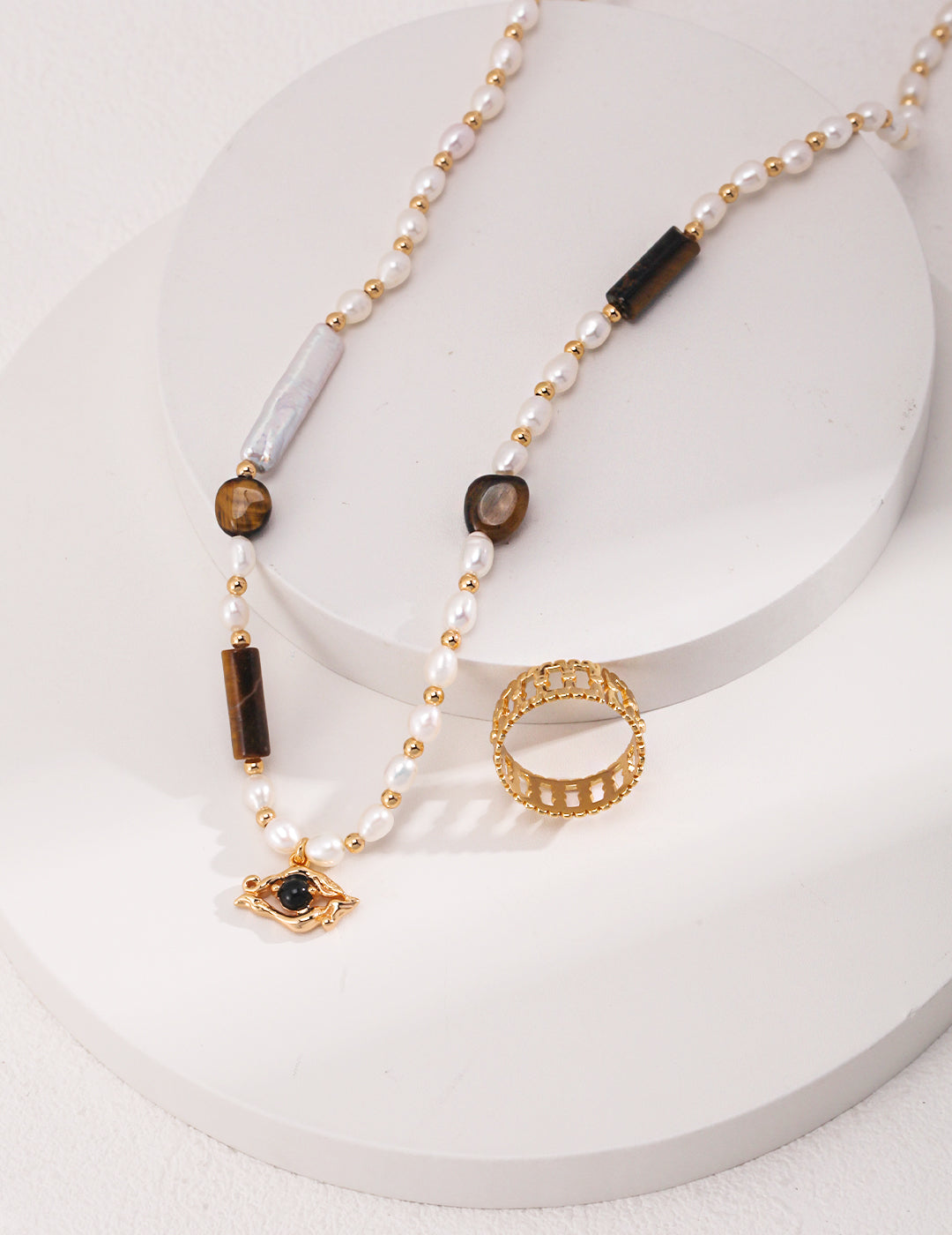 Mixed Gemstone Bar Necklace (Tiger Eye & Pearl)