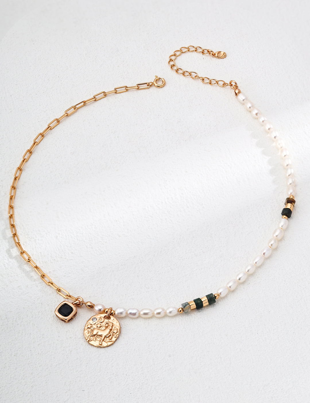 Moss Agate & Pearl Geometric Necklace