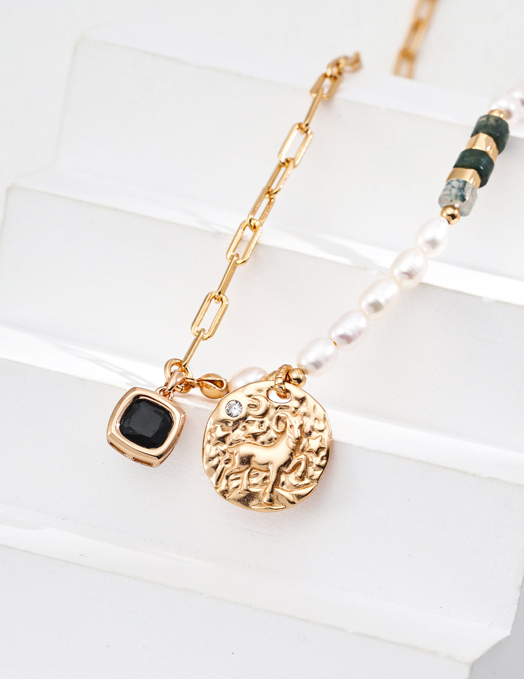 Moss Agate & Pearl Geometric Necklace