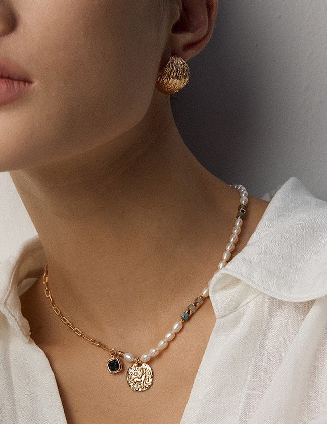 Moss Agate & Pearl Geometric Necklace