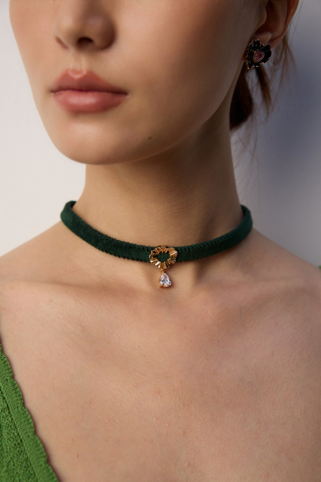 Green Velvet Choker with Zircon Pendant