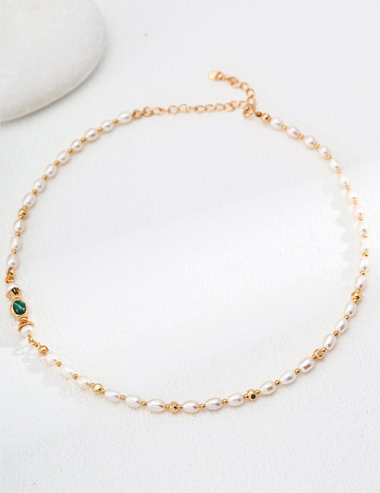 Minimalist Malachite & Natural Pearl Necklace