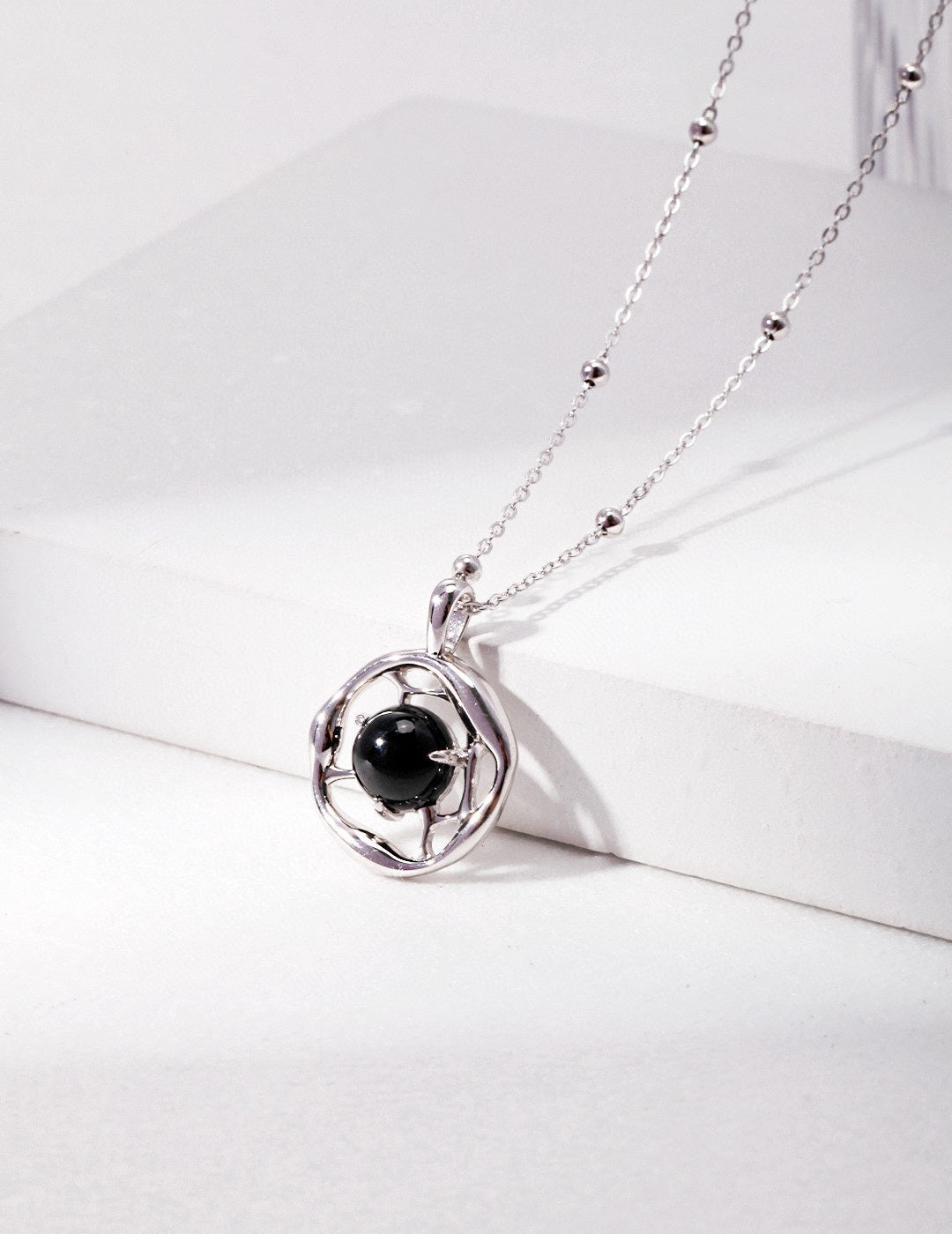 Fluid Silver Black Agate Necklace