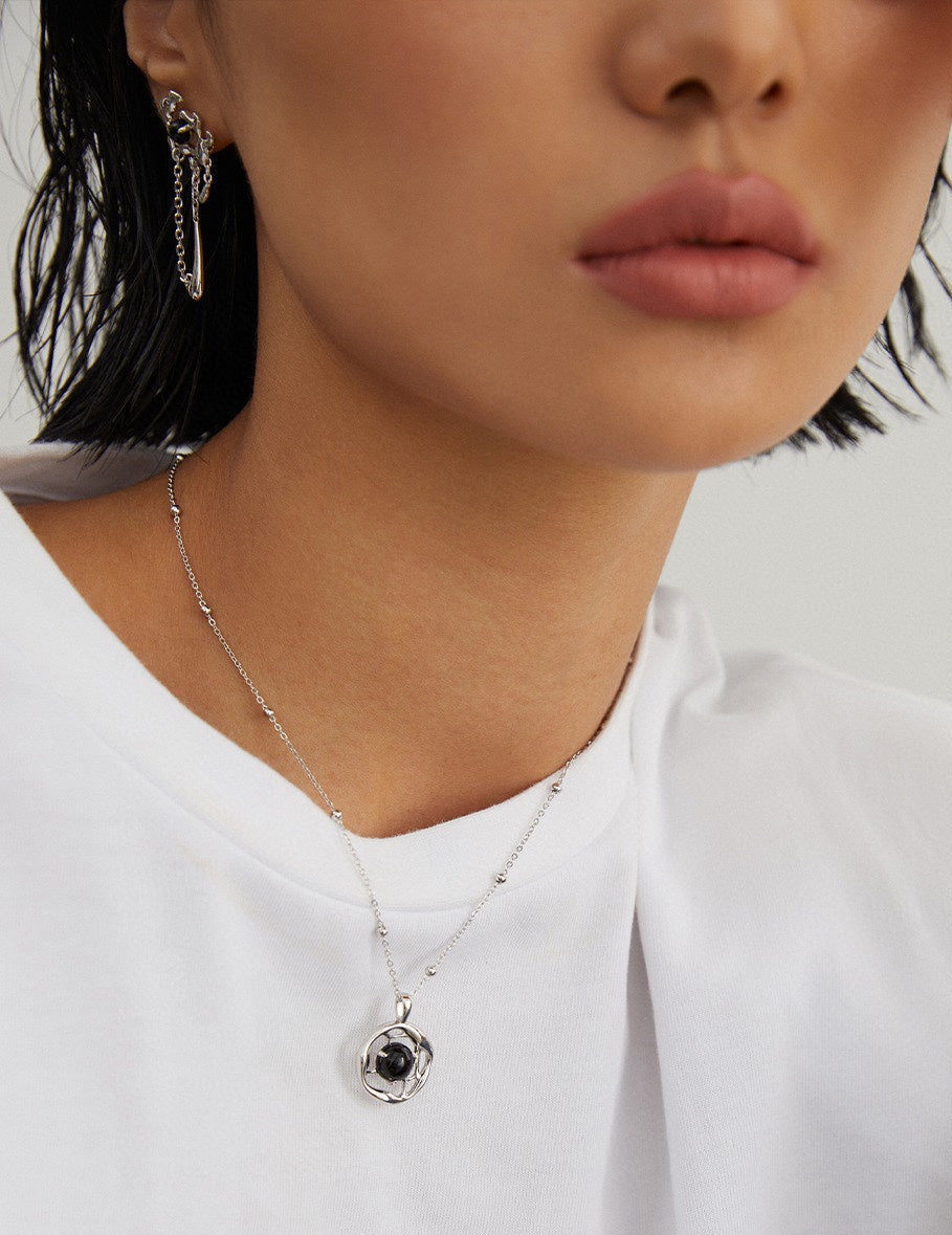 Fluid Silver Black Agate Necklace