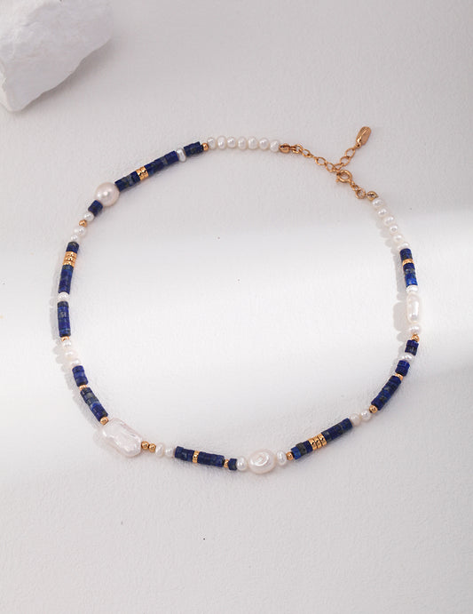 Lapis Lazuli & Pearl Station Necklace